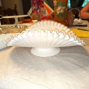 Vintage Fenton Handmade Ribbed Silver Crest Banana/Fruit Low Footed Bowl